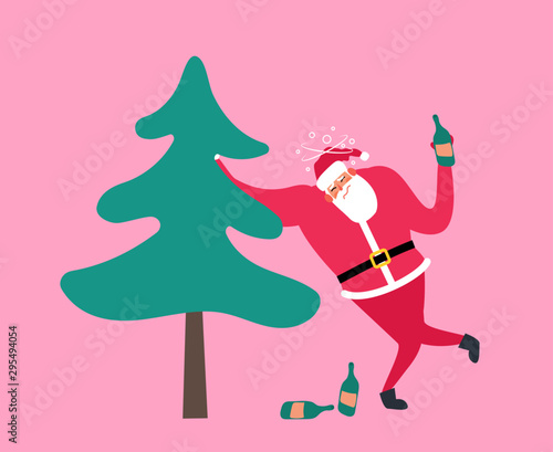drunk santa claus with bottle near spruce christmas hangover
