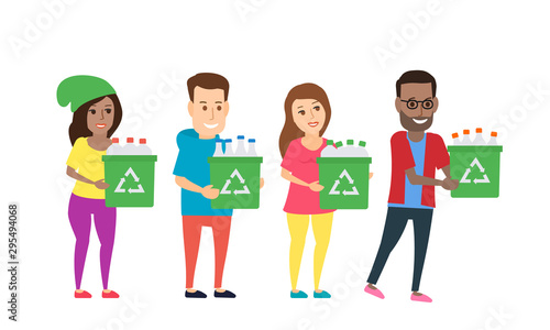 eco volunteers men and women holding containers with plastic bottles waste recycling