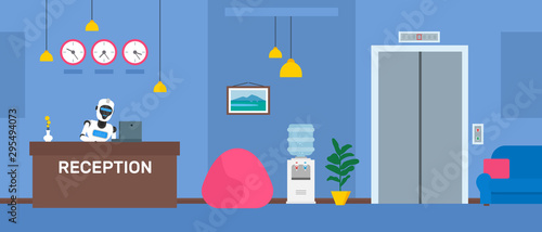 robot humanoid standing at reception desk in office hotel. automatic techology artificial intelligence concept