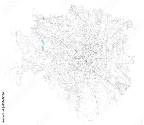 Satellite map of Milan, zones and municipalities. Streets of the Lombard capital. Lombardy. Italy