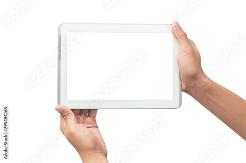 Male hand holding the white tablet pc computer with blank screen isolated on white background with clipping path.