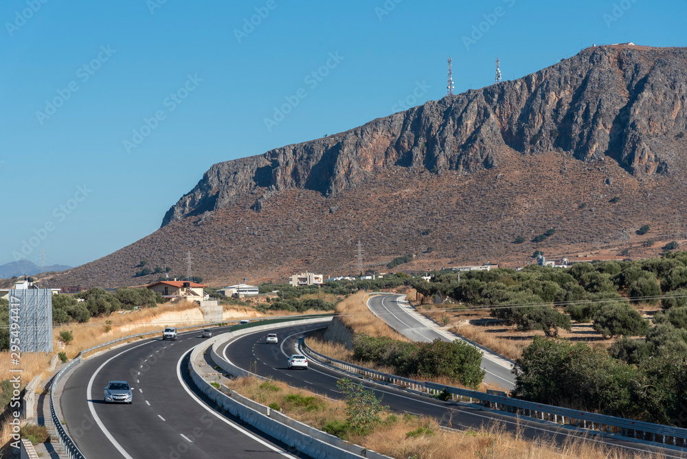 Heraklion, Crete, Greece. October 2019. New opened National Road, the A90, E75 dual carriageway section between Heraklion and Malia, heading towards Agios Nikolaos.