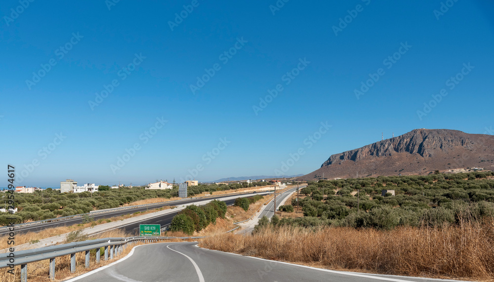 Heraklion, Crete, Greece. October 2019. New opened Nlocal road running paralel to the A90, E75 dual carriageway section between Heraklion and Malia, heading towards Agios Nikolaos.
