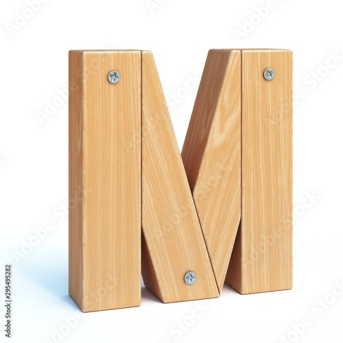 Wood font, 3d alphabet made of wooden parts, 3d rendering, letter M