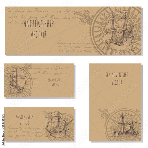 Old caravel, vintage sailboat. Sea adventure vector background. Doodles design elements business cards, banners, menu