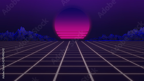 Arcade gaming retro background. New retro wave space. Suitable for compositing. (3D rendering) photo