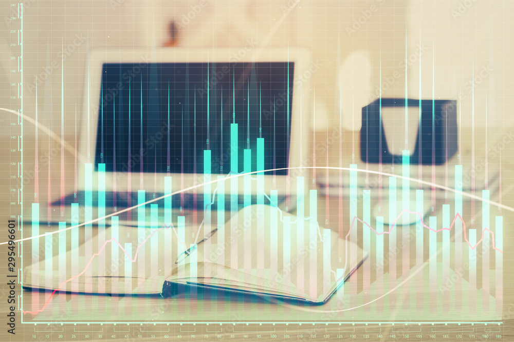 Stock market graph on background with desk and personal computer. Multi exposure. Concept of financial analysis. Stock market graph on background with desk and personal computer. Multi exposure. Concept of financial analysis.