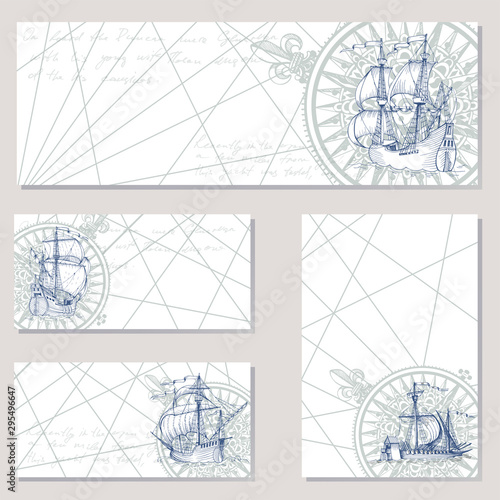 Old caravel, vintage sailboat. Sea adventure vector background. Doodles design elements business cards, banners, menu