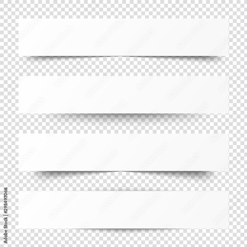 Empty white banners with shadow. Paper blurb banner. Web vector header. Interface with gray shade. Blank stickers set.