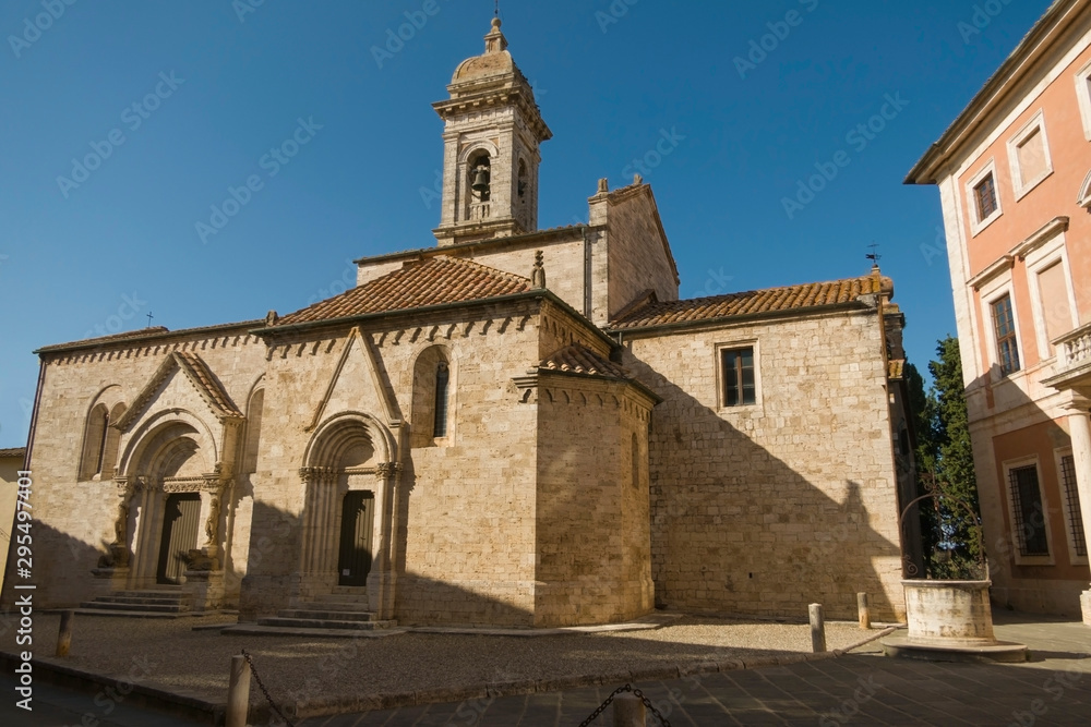 Collegiate church of San Quirico in the Romanesque style located in the medieval Tuscan village of San Quirico d'Orcia