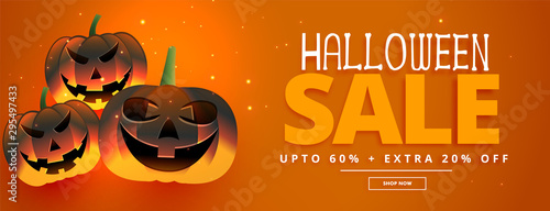 happy halloween festival sale banner with three pumpkin