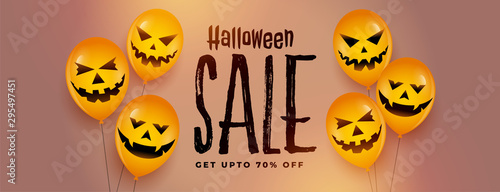 happy halloween festival sale banner with laughing scary balloons
