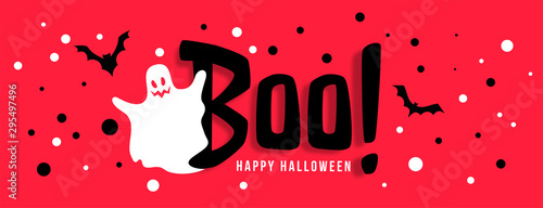 happy halloween celebration banner with white ghost