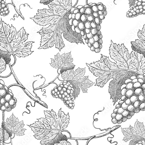 Seamless vector pattern with grapes. Black and white engraving style drawing - Vector