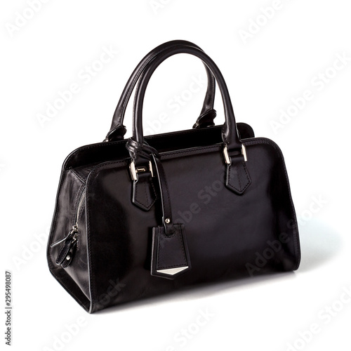 Stylish women's black leather bag isolated on a white background.