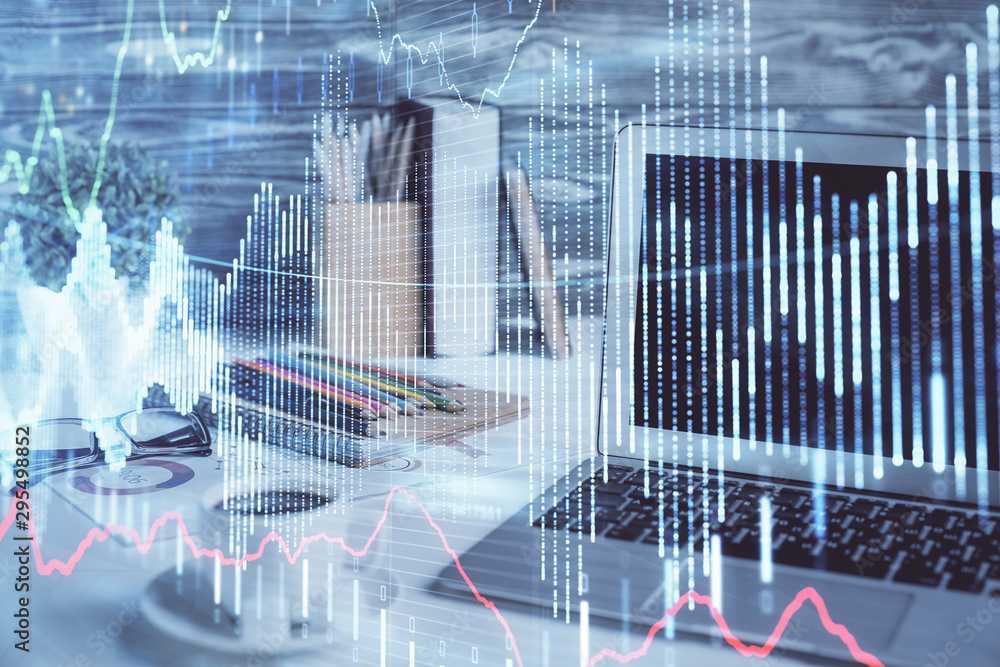 Stock market graph and table with computer background. Multi exposure. Concept of financial analysis. Stock market graph and table with computer background. Multi exposure. Concept of financial analysis.