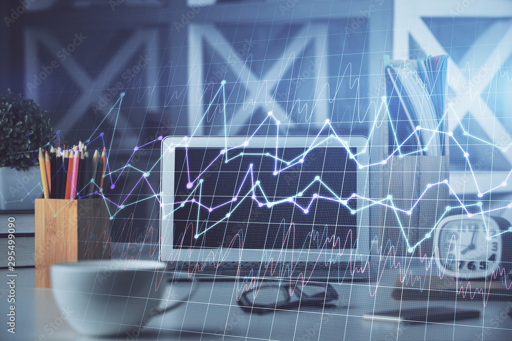 Multi exposure of chart and financial info and work space with computer background. Concept of international online trading. Multi exposure of chart and financial info and work space with computer background. Concept of international online trading.