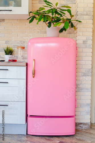Retro style pink fridge in vintage kitchen