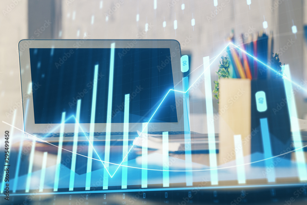 Stock market graph and table with computer background. Double exposure. Concept of financial analysis. Stock market graph and table with computer background. Double exposure. Concept of financial analysis.