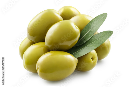Delicious green olives with leaves, isolated on white background