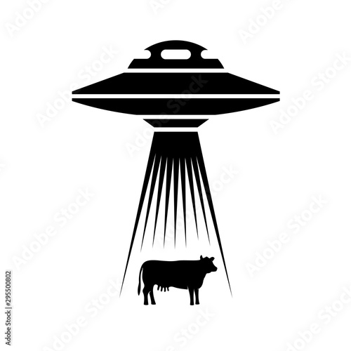 UFO adducts cow simple illustration. Side view alien spaceship with light rays to catch a cow animal.