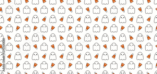 Seamless repeat pattern with cute ghosts, candy corn, white, orange, black. Vector illustration. Line art. Design concept for Halloween background, packaging, wallpaper, wrapping paper.
