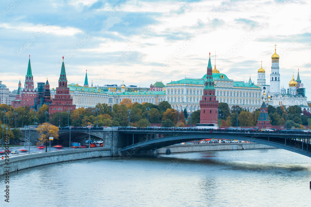 Moscow Kremlin And Big Stone Bridge By Moscow River At Autumn.
