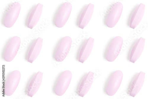 pharmaceutical medicine pills isolated on white background, top view, flat lay