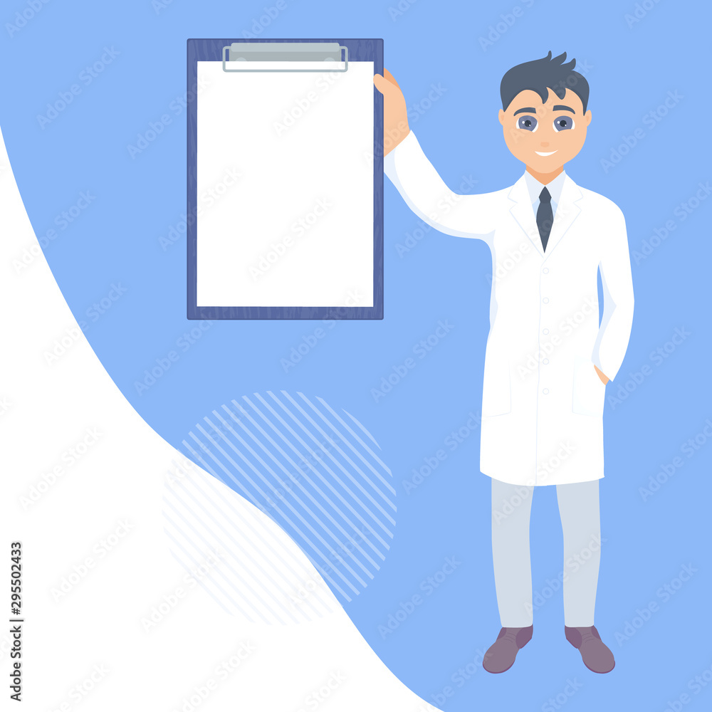 Smiling doctor holding a clipboard with blank paper. Empty sheet for treatment advice. Medical consultation service. Health care concept. Flat style cartoon vector poster. Smiling doctor holding a clipboard with blank paper. Empty sheet for treatment advice. Medical consultation service. Health care concept. Flat style cartoon vector poster.