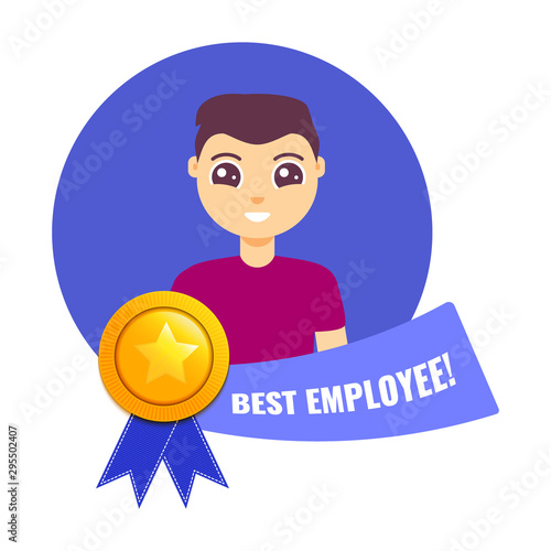 Gold medal for best employee of the month with man’s portrait and a ribbon. Star performer medallion honouring  work and top achievements in business. Victory concept. Cartoon vector illustration.