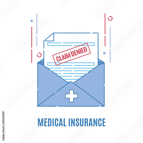 Rejection letter from the insurance company. Medical form with claim denied stamp. Failed payment reimbursement. Declined treatment coverage. Finance and medical concept. Vector flat illustration.