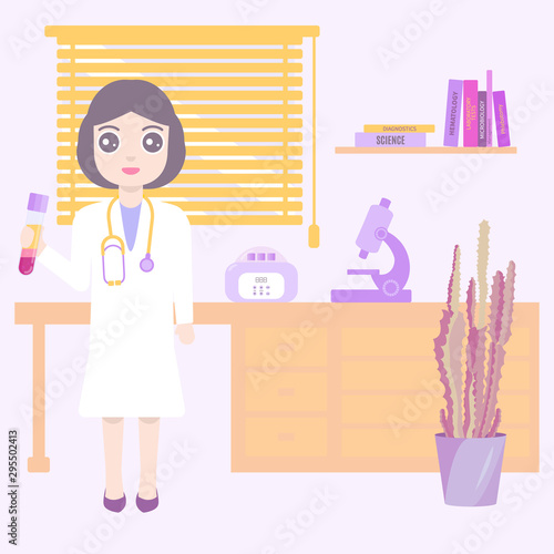 Female doctor holding blood test tube in the medical laboratory. Woman scientist working in the office with prp lab tools, microscope. Workspace interior vector design. Regenerative medicine concept.