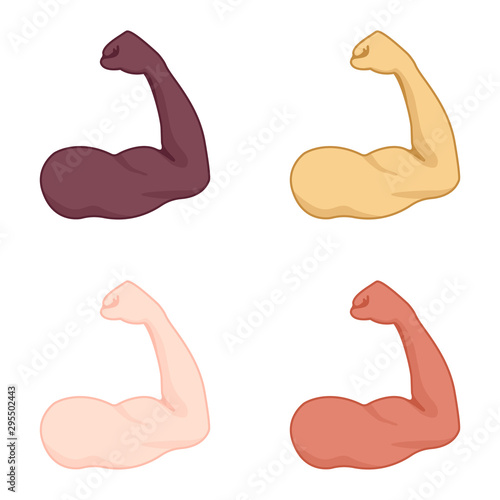 Set of strong arms with biceps muscle with skin color option. Bodybuilders of diverse nationalities. Human body anatomy icon. Multinational sport and fitness concept. Vector illustration.