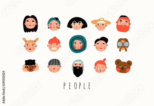 Various people and bear. Faces and heads. Characters, avatars. Different icons and logos. Cute hand drawn trendy vector illustrations. Cartoon style. Flat design. Naive art. All elements are isolated