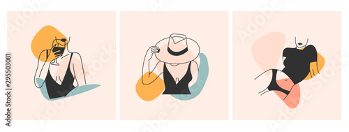 Stylish graceful faceless ladies. Three fashion illustrations. Hand drawn vector trendy set. Elegant art. Outline body parts. Slim waist, beautiful bodies, hand holding wine glass