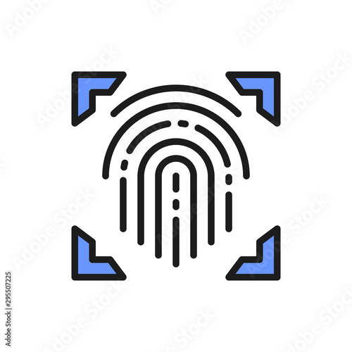 Fingerprint, scanned finger, cryptographic signature, identity color line icon.