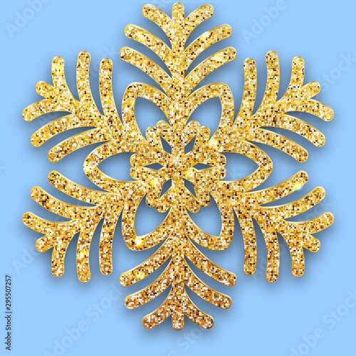 Foto Golden luster textured six-rayed snowflake with a shadow on blue background