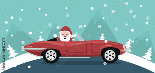 Christmas card design of Santa Claus in a classic car in a winter landscape