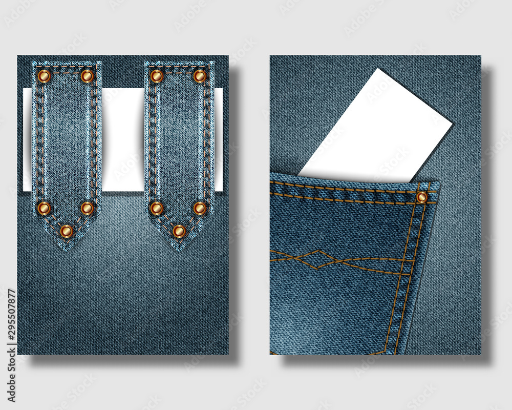 Denim pocket on Jeans background. Slip of paper and business card. Poster,  banner or leaflet template. vector de Stock | Adobe Stock