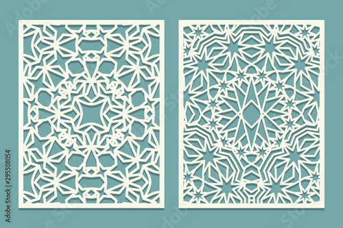 Die and laser cut ornamental panels with Islamic ornament with stars. Laser cutting decorative lace borders patterns. Set of Wedding Invitation or greeting card templates.