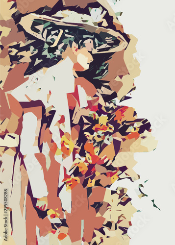 Fototapeta edwardian woman with flower bouquet, abstract vector illustration