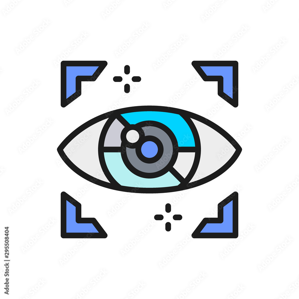 Artificial intelligence eye, computer surveillance flat color line icon. Artificial intelligence eye, computer surveillance flat color line icon.