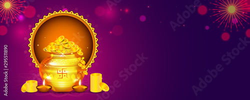 Social media Header golden kalash full of gold coins(laxami) and diya on purple bokeh and mandala background for Shubh Dhanteras festival. photo
