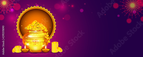Social media Header golden kalash full of gold coins(laxami) and diya on purple bokeh and mandala background for Shubh Dhanteras festival.
