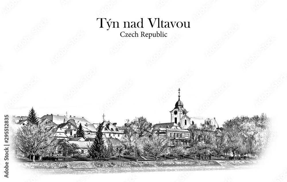 Tyn nad Vltavou, Czech Republic - Vintage travel sketch.