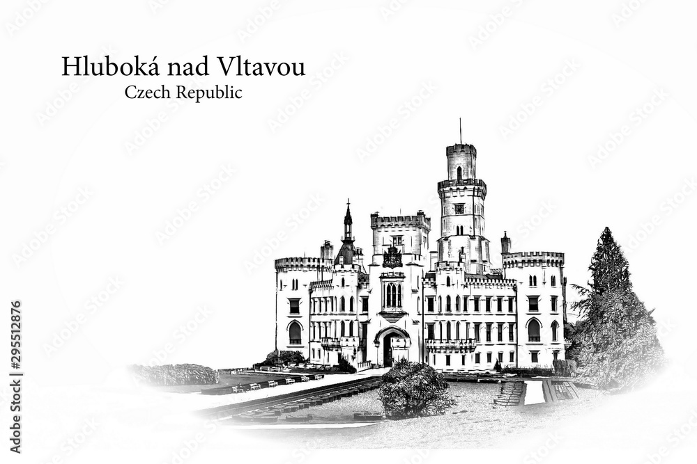 Castle Hluboka nad Vltavou -Vintage travel sketch.