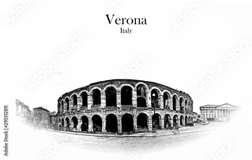 Verona amphitheatre. Roman Arena in Verona, Italy -Vintage travel sketch.