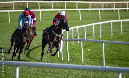 Horse racing action, lead race horses and jockeys racing towards the finish line