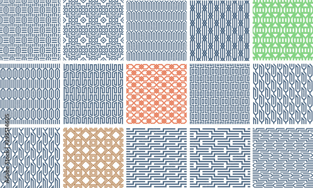 Set of 15 Geometric abstract seamless patterns. Linear motif background. Monochrome decoration design Set of 15 Geometric abstract seamless patterns. Linear motif background. Monochrome decoration design
