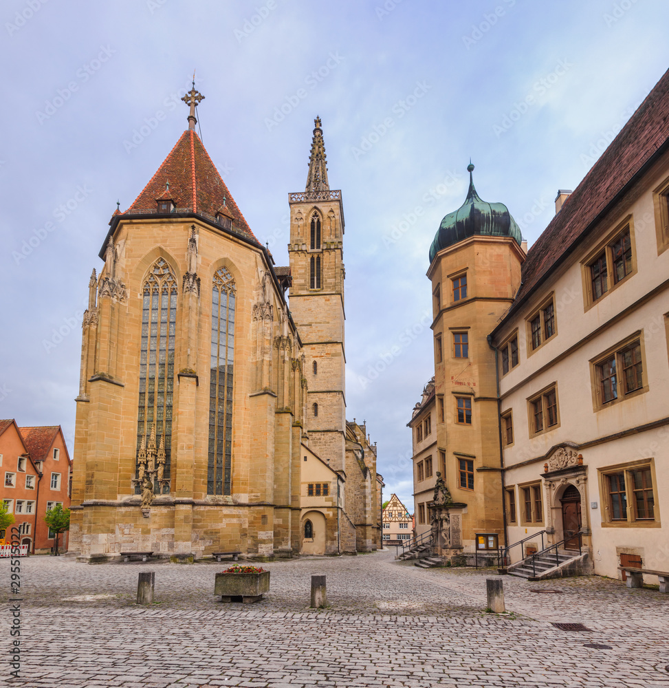 Kirchplatz with St James Church in Rothenburg ob der Tauber Old Town Bavaria Germany